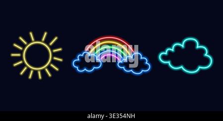 Neon sun rainbow and cloud icons set on dark background. Stock Vector