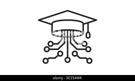 Black line vector icon of a graduation cap with circuit lines, symbolizing digital learning, artificial intelligence, online education, e‑learning Stock Vector