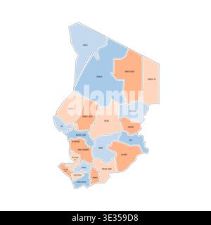 Chad political map of administrative divisions - regions. Colorful handdrawn doodle style map with black outline borders and name labels. Stock Vector