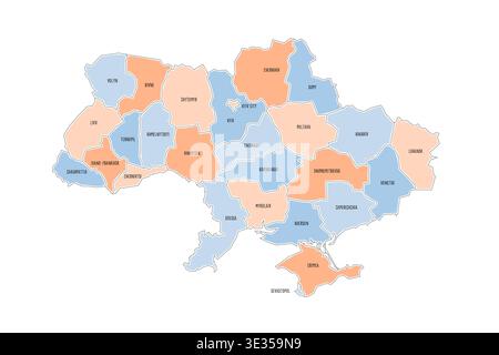 Ukraine political map of administrative divisions - regions, two cities with special status of Kyiv and Sevastopol, and autonomous republic of Crimea. Colorful handdrawn doodle style map with black outline borders and name labels. Stock Vector