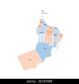 Oman political map of administrative divisions - governorates. Colorful handdrawn doodle style map with black outline borders and name labels. Stock Vector