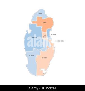 Qatar political map of administrative divisions - municipalities. Colorful handdrawn doodle style map with black outline borders and name labels. Stock Vector