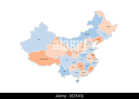 China political map of administrative divisions - provinces, autonomous regions and municipalities. Colorful handdrawn doodle style map with black outline borders and name labels. Stock Vector