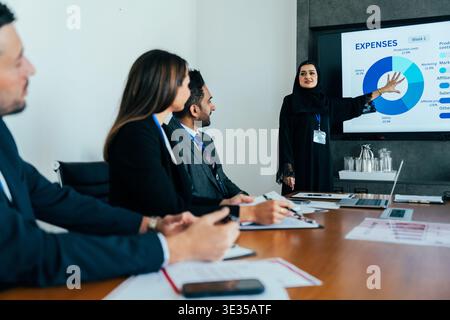 Arab businesswoman leading a corporate presentation on financial expenses to a diverse team of professionals, discussing strategy and analytics in a m Stock Photo