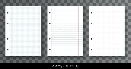 Set of realistic white paper sheets with holes for binder squared, lined and dot grid paper pages isolated on transparent background. Vector paper Stock Vector
