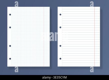 Realistic school paper sheets with red margins and binder holes squared and lined notebook pages isolated on blue background. Vector illustration Stock Vector