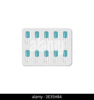 Medical capsules in blister pack isolated on white background. Pills packaging, vector template Stock Vector