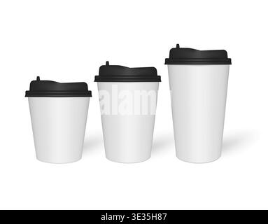 White paper to go coffee cups different sizes, mock-up. Take away drink mug set, mockup. Vector template Stock Vector
