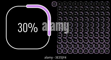 Set of rectangle percentage diagrams meters from 0 to 100 ready-to-use for web design, user interface (UI) or infographic - indicator with purple Stock Vector
