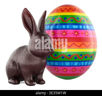 Chocolate Easter bunny with colorful decorated Easter egg, 3d rendering isolated on white background Stock Photo