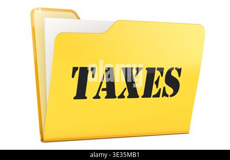 Taxes, yellow folder. 3D rendering isolated on white background Stock Photo