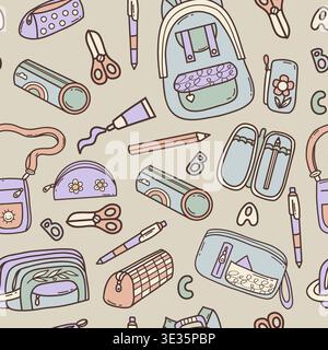Back to School Seamless Pattern. Different Pencil Cases, Backpacks and Stationery on Beige Background. Educational School Supplies Repeat template. Pa Stock Vector