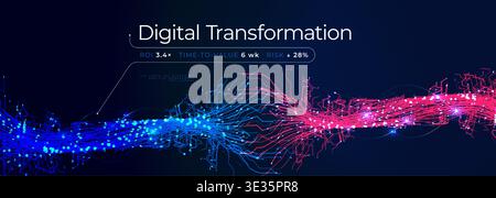 Neural Network Synapse Connect, Ai 3D Data Transform Background. Science Research, Technology and Analysis, Blue Pink Wave Lines Data Stream. Neuro Stock Vector