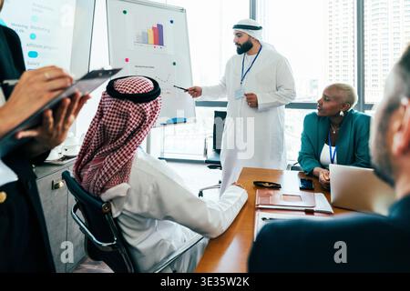 Multiethnic business people are collaborating during a corporate meeting in a modern dubai office, with an arab businessman presenting financial data Stock Photo