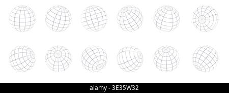 Globe grid spheres. Striped 3D spheres, geometry globe grid, Striped 3D orbs, Earth longitude and latitude line wireframe spheres, Earth globe hemispheres set. Geometry globe grid,. Vector illustration Stock Vector