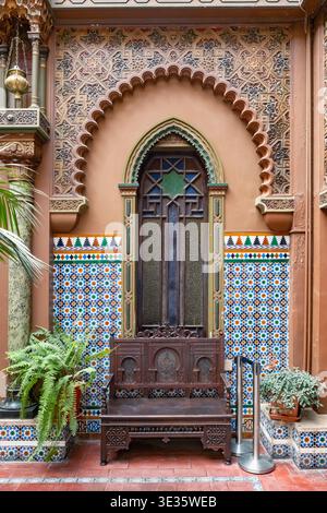 Intricate Neo Moorish Window and Tiled Wall at Casa do Alentejo Stock Photo