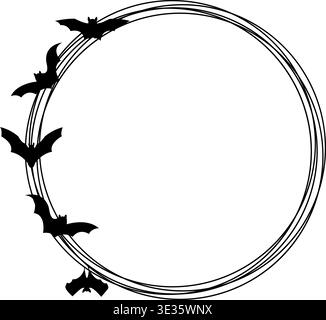 Bats are sitting in a circle. Round frame made of cobwebs on the theme of Halloween. Kolo Stock Vector