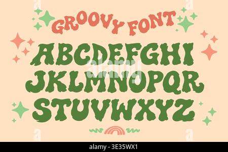 Font vintage isolated with alphabet vector groovy for cartoon retro art. Music poster trippy with font acid doodle for abstract type background Stock Vector