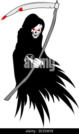 An angel of death with wings and a scythe in a bony hand. Scull. Halloween Stock Vector