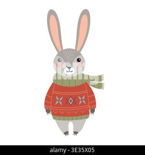 Adorable vector grey hare character in red geometric knit sweater and green scarf on white background vector Stock Vector