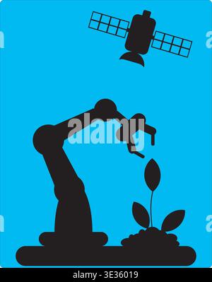 Robot arm watering small plant under satellite signal in clean blue background scene Stock Vector