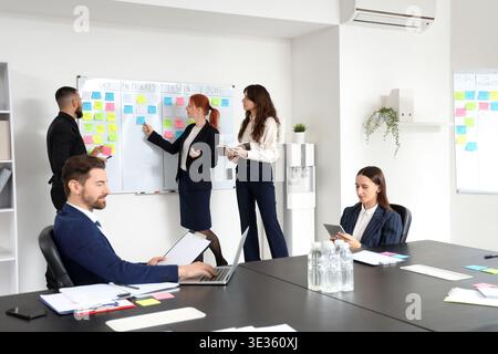Group of colleagues discussing business plan at Kanban board in office Stock Photo