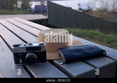 Vintage Camera Case. Pretrip Arrangement Displaying Film Gear And Nostalgic Atmosphere. Arrangement Showcasing Retro Photography Equipment With Stock Photo