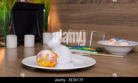 Festive Spring Arrangement. Handcrafted Easter Table Decoration. Indoor Spring Display With Eggs And Candles. Seasonal Festive Setup Featuring Stock Photo