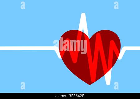 A stylized red heart overlaid by an electrocardiogram waveform on a blue background, symbolizing heart rate, cardiovascular health, medical monitoring Stock Photo