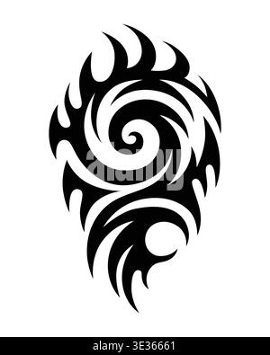 Bold tribal tattoo sketch with swirling lines, spikes, and a central spiral motif. Symmetrical and dynamic design, perfect for body art, tattoo studio Stock Vector