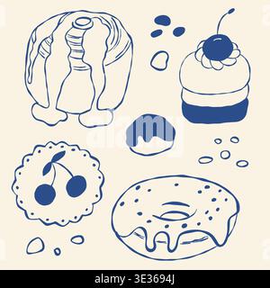 Hand drawn dessert icons with cherry, donut, and cake Stock Vector