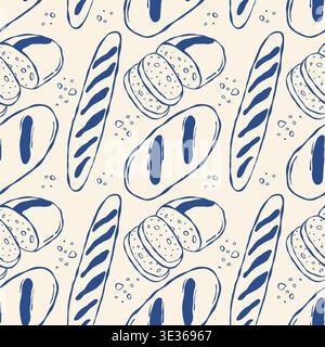 Hand drawn bread pattern with baguettes and round loaves Stock Vector