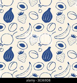 Fruit pattern in blue line art on light beige Stock Vector