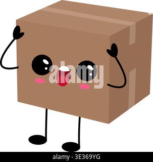 Adorable cardboard box character with smiling face and raised hands Stock Vector