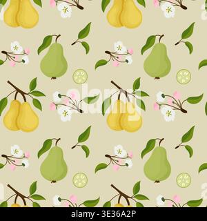 Repeating fruit and flower motifs on beige background Stock Vector