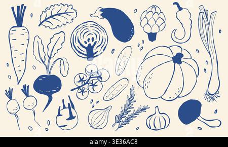 Hand drawn blue sketch of fresh vegetables on cream background Stock Vector