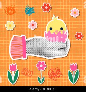 Vector collage poster with cute Easter chicken, fun spring background with flowers Stock Vector