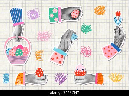 Easter vector set with halftone collage hands holding eggs, a basket, a flower, a chicken with colorful scribbles on checked background Stock Vector