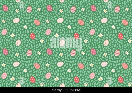 Easter eggs and daisies on grass vector seamless pattern, Cute spring background for Easter egg hunt designs Stock Vector