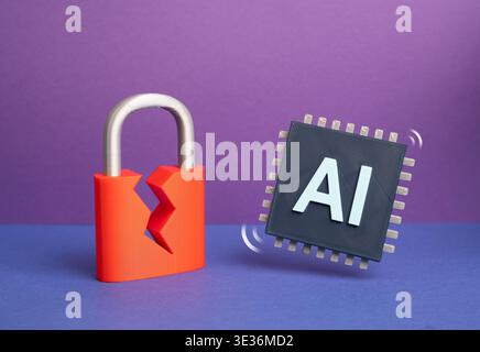 An AI chip and a broken padlock. Security vulnerabilities in artificial intelligence systems and neural networks. Risks of data leaks and hacking in a Stock Photo