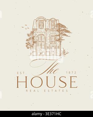Victorian building label with text the house real estates drawing in graphic art style with beige on light background Stock Vector