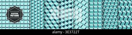 Collection of seamless geometric 3d abstract patterns. Blue color isometric repeatable vector backgrounds. Decorative blocks and cubes endless Stock Vector