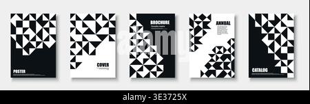 Collection of black and white posters with mosaic geometric shapes. Vector modern placards, brochures, banners, backgrounds, cards. Unusual monochrome Stock Vector