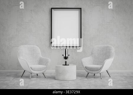 Podcast Interview Concept In Minimal Studio. Two Modern Armchairs With Microphone And Blank Frame On Concrete Wall Background Clean Interior Scene. 3d Stock Photo