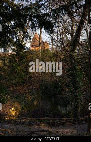 A historic brick building partially hidden behind dense trees and branches in warm late afternoon light. Atmospheric urban nature scene combining wood Stock Photo