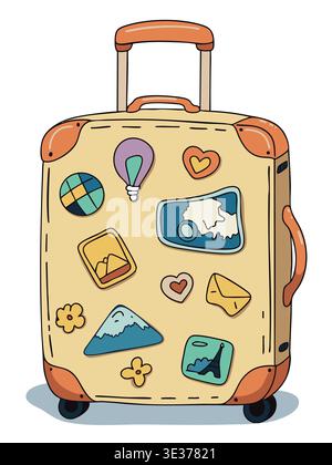 Travel Suitcase with Wheels Hand Drawn Illustration for Vacation and Trip Stock Vector