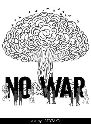 No War Protest Design With Tree‑Mushroom Cloud Illustration, Peace Message and Civilian Silhouettes Stock Vector