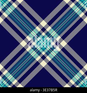 Modern pixelated plaid pattern in navy and teal. This seamless geometric design offers a digital twist on traditional textiles, perfect for background Stock Vector