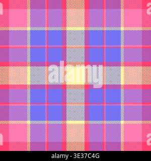 Vibrant pink, yellow and purple plaid pattern with a digital pixelated texture. This seamless tartan design is ideal for retrostyle fashion, web backg Stock Vector