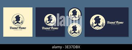 Female sea captain logo set with woman silhouette and waves vector illustration. Stock Vector